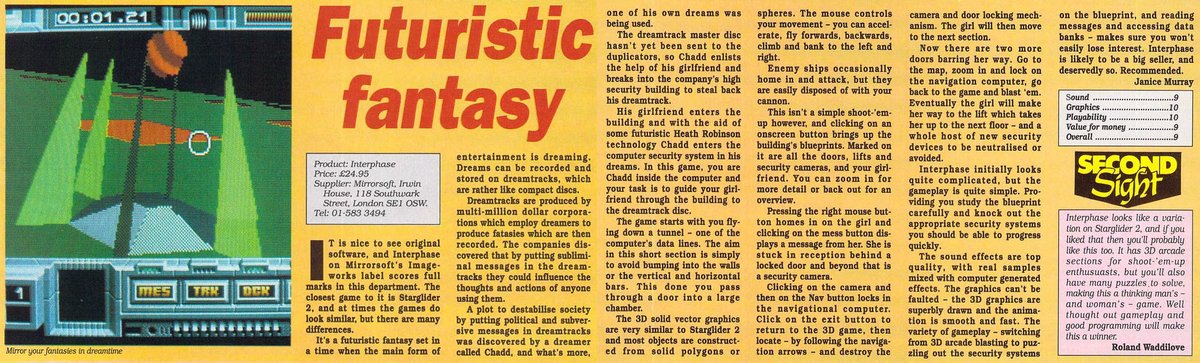 RetroGotD's tweet photo. #RandomRetroReview #1365

INTERPHASE

Publisher: Image Works

Platform: Atari ST

Atari ST User vol 4 no 11
Page 50-51
Jan-90

Reviewer: Janice Murray

Sound 9
Graphics 10
Playability 10
Value for Money 9

Overall: 9 https://t.co/U0Ry36LS4E