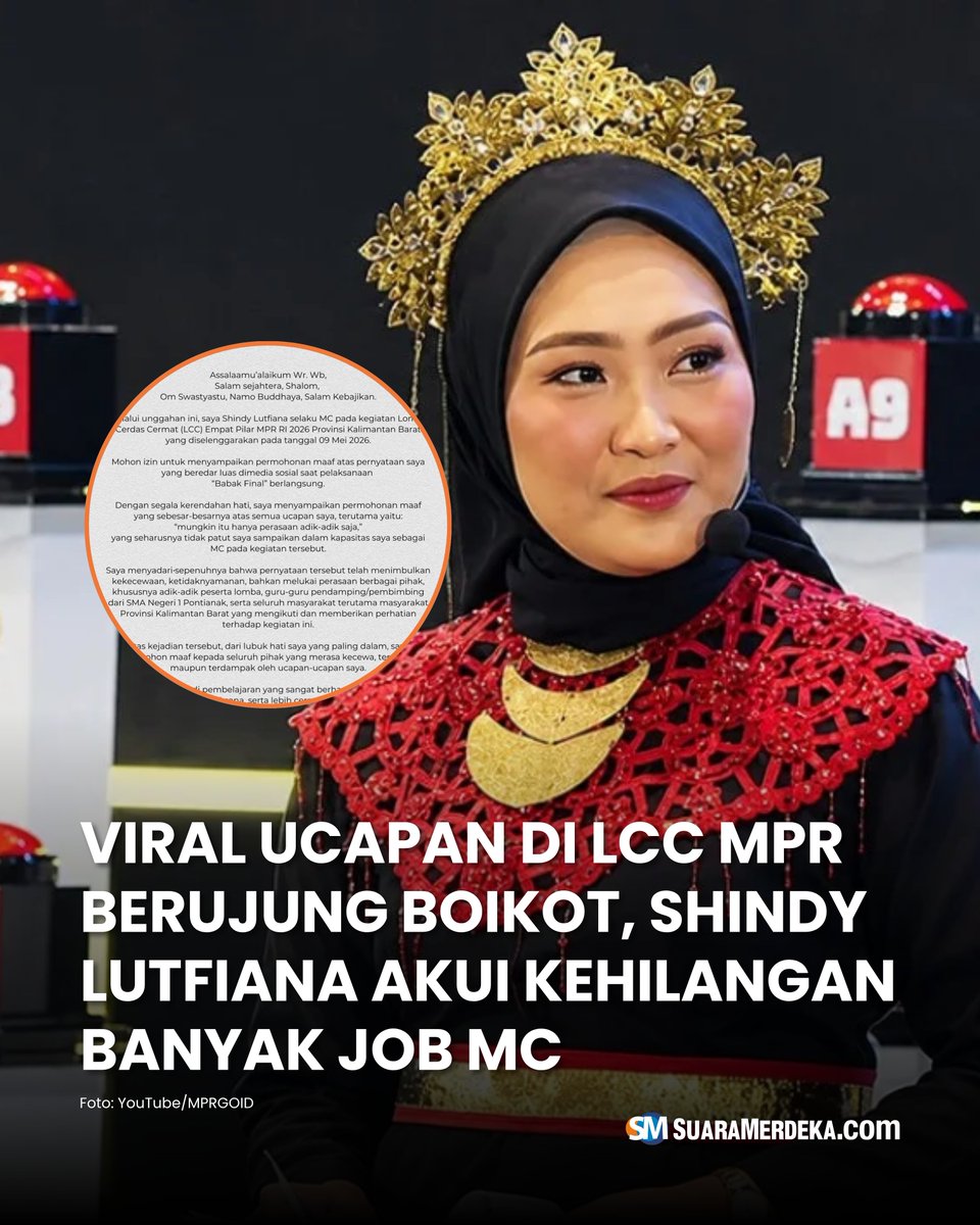suaramerdeka's tweet photo. Kontroversi ucapan MC dalam ajang LCC Empat Pilar MPR RI kini berbuntut panjang. Sang MC, Shindy Lutfiana mengaku kehilangan banyak pekerjaan setelah videonya viral dan memicu gelombang kritik di media sosial.
#suaramerdeka #viral #mcwedding #cerdascermat #shindylutfiana https://t.co/tZDHLVUz4r