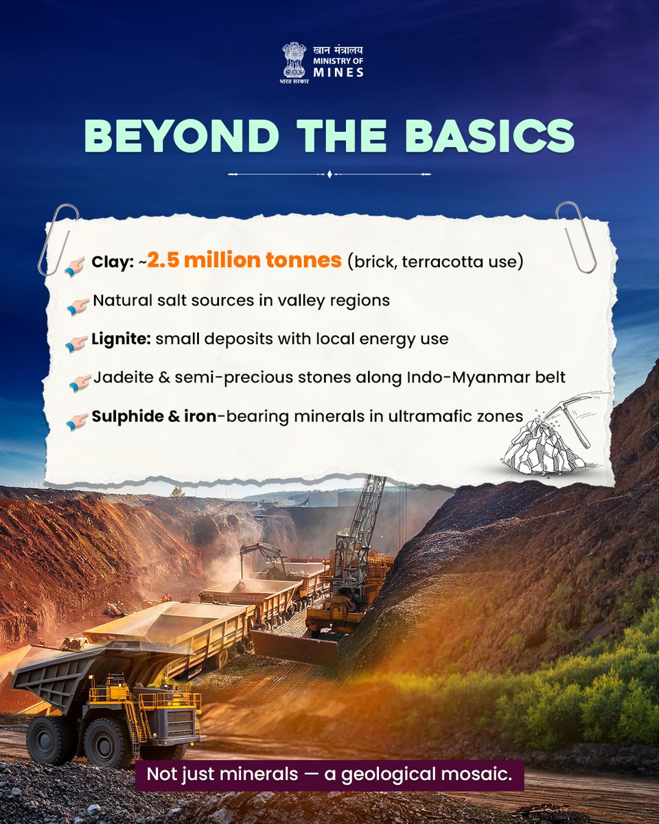 MinesMinIndia's tweet photo. Beneath Manipur’s hills lies a geological story still unfolding.

From chromite, nickel and cobalt occurrences to limestone belts, jadeite zones, and other strategically important minerals, the state holds significant untapped mineral potential waiting to be explored responsibly and sustainably.

As India advances towards resource security and future-ready mineral development, Manipur is gradually emerging as an important frontier in the country’s mineral landscape.

Small pockets. Big strategic value.