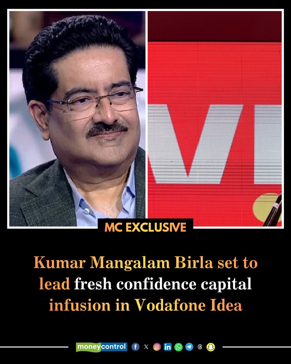 moneycontrolcom's tweet photo. #MCExclusive 🚨 | Kumar Mangalam Birla set to lead fresh confidence capital infusion in Vodafone Idea

- Vodafone Idea plans promoter-led capital infusion led by Birla
- Board to meet May 16 to consider equity or warrant fundraising
- DoT relief eases cash flow, but funding gap remains a concern

Break by @deborshi & @DanishKh4n 👇
https://t.co/aE4yuaLh43