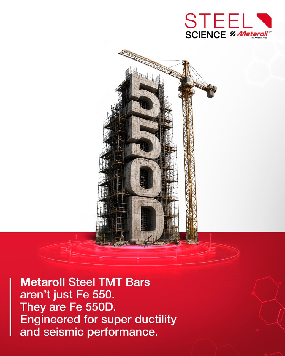 MetarollsIspat's tweet photo. THE ‘D’ DIFFERENCE defines the strength behind Metaroll Steel TMT Bars. With Fe 550D technology, we deliver higher ductility, dependable flexibility, and performance built to withstand pressure.

#MetarollSteel #TheDDifference #Fe550D #SteelScience https://t.co/jAP8rrxAc2