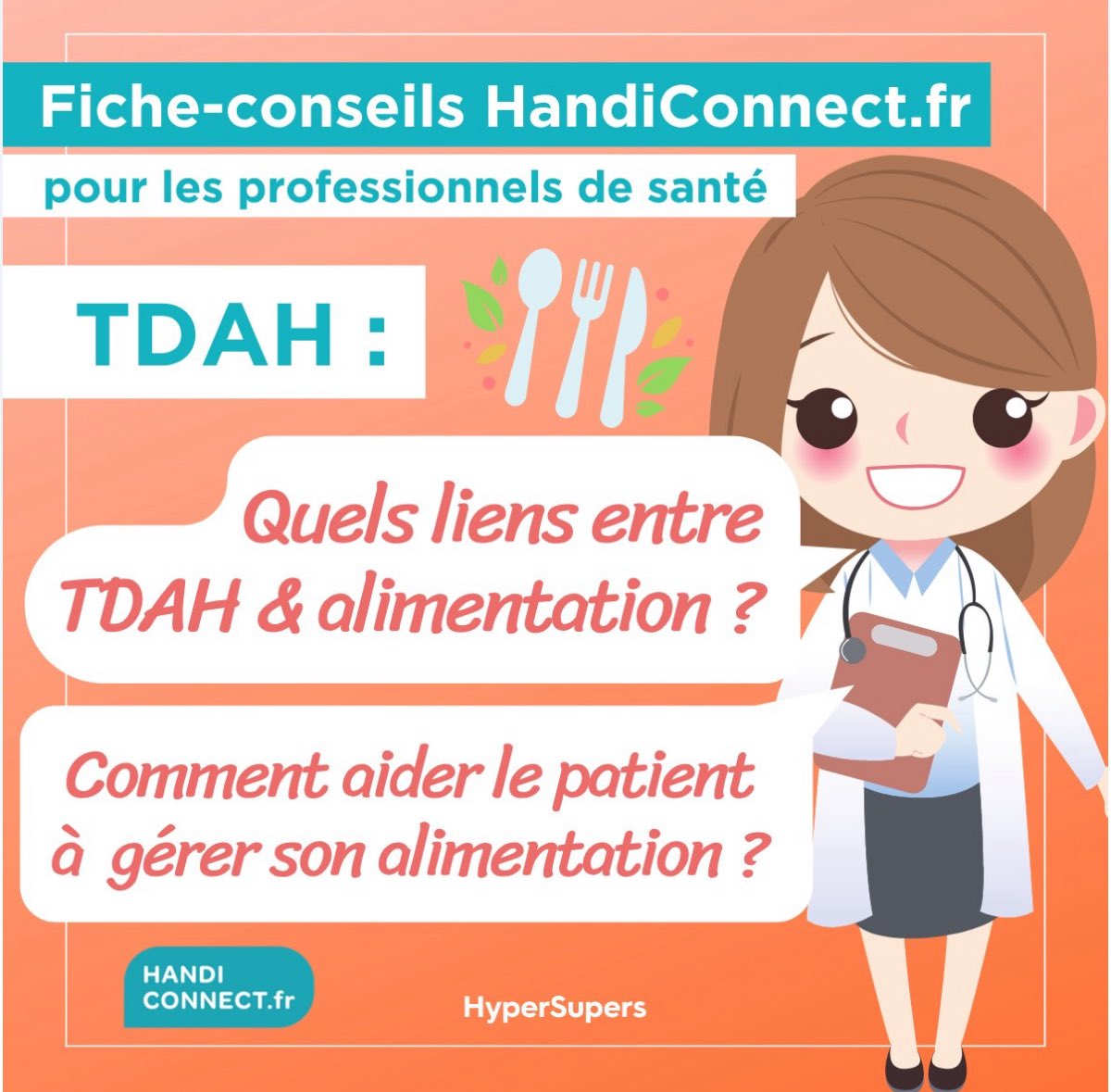 TDAHyperSupers's tweet photo. L’#alimentation constitue donc un axe central de la prise en charge globale. 
📍Retrouvez la fiche conseil HandiConnect #TDAH et #diététique 
✅ Quels sont les liens entre TDAH et alimentation
✅ Comment aider le patient à gérer son alimentation. 
https://t.co/WkQDAMViu2 https://t.co/XYr1NXWWHF