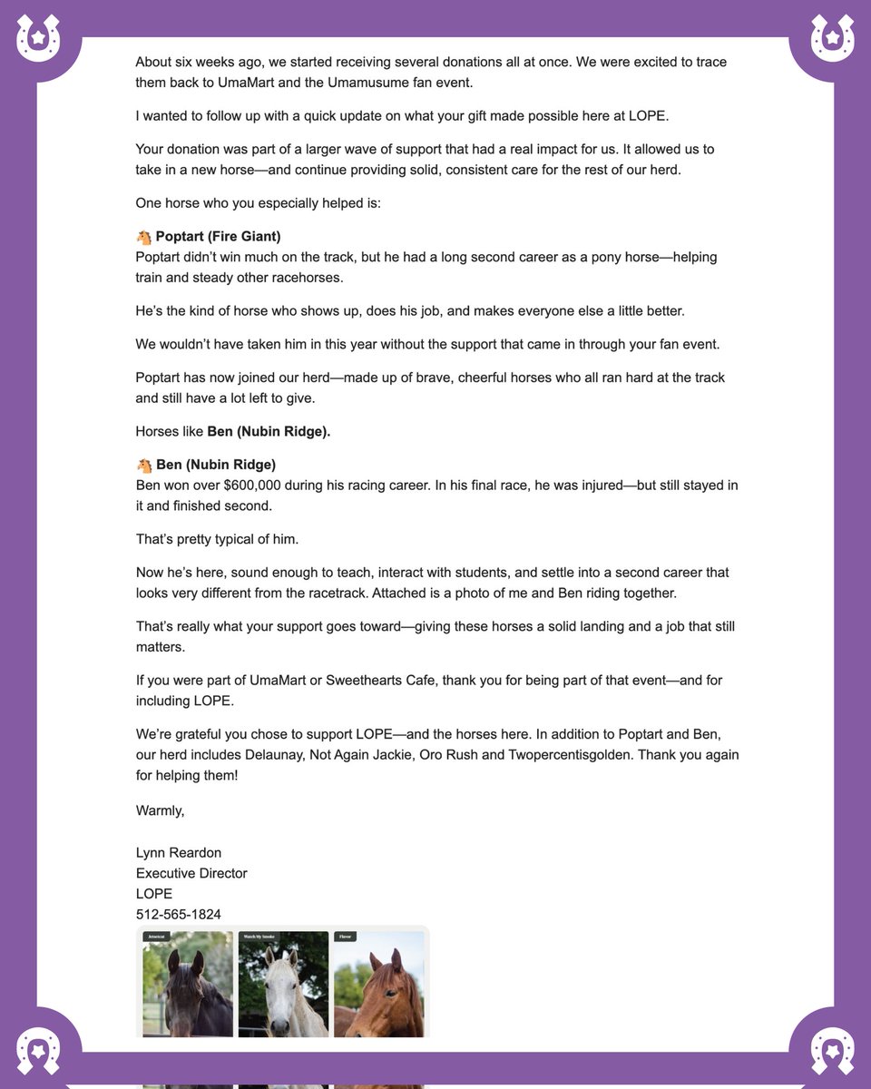 kneesocks's tweet photo. the umamusume event i was a part of got an email from the charity we donated to 🥹 i can't believe we raised enough for them to take in another horse 🥹🥹🥹 like it wasn't a crazy amount but this is so cool?!? 

https://t.co/P0oP5xH1vO more pics on our instagram https://t.co/U7bSu11tSZ