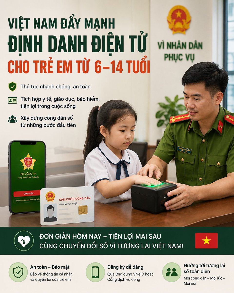 HanvietBridge's tweet photo. Việt Nam đang đẩy mạnh chuyển đổi số từ rất sớm 
Trẻ em từ 6 tuổi đã bắt đầu được cấp căn cước và định danh điện tử để thuận tiện hơn cho học tập, y tế và dịch vụ công.
Một bước tiến lớn cho hệ sinh thái công dân số hiện đại 

#DinhDanhDienTu #CanCuocCongDan #VNeID #ChuyenDoiSo