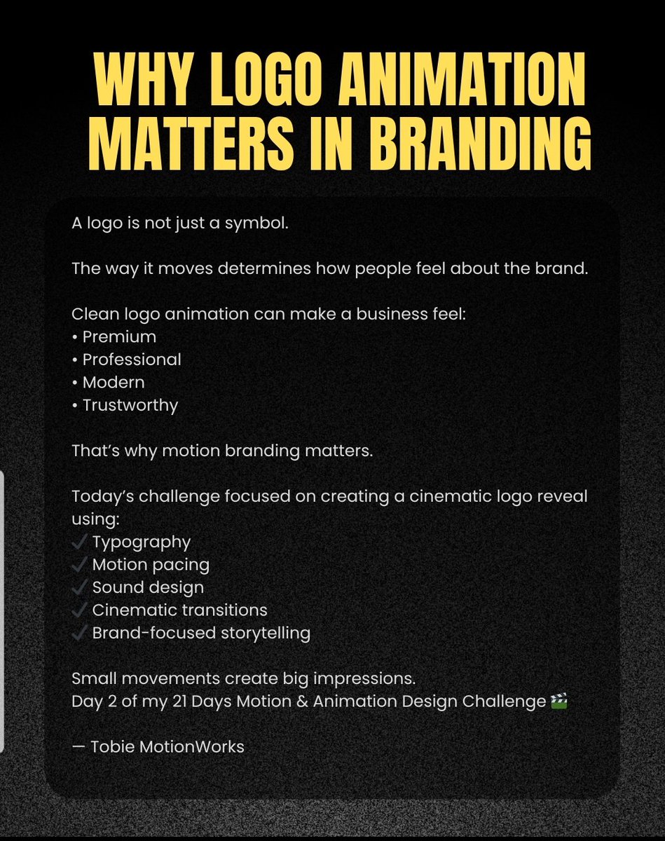 hormytee's tweet photo. Your logo shouldn’t sit still.

It should move with identity, emotion, and impact 🎬

Day 2 — Branding Animation Challenge.

— Tobie MotionWorks

#MotionDesign
#LogoAnimation
#BrandIdentity
#MotionGraphics
#videoediting https://t.co/fBYuw0sfi7