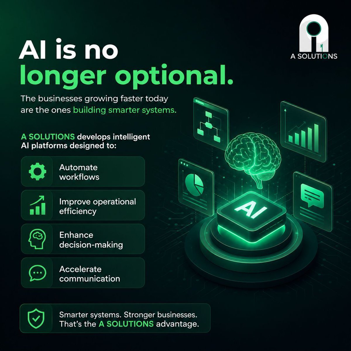 asolutions_ai's tweet photo. Modern businesses need more than software. They need intelligent systems that work faster, think smarter, and scale operations efficiently.

At A SOLUTIONS, we build AI-powered platforms that help organizations transform how they operate, communicate, and grow.

#ArtificialIntelligence #BusinessTransformation #AI #Automation #DigitalTransformation #BusinessGrowth #TechInnovation
