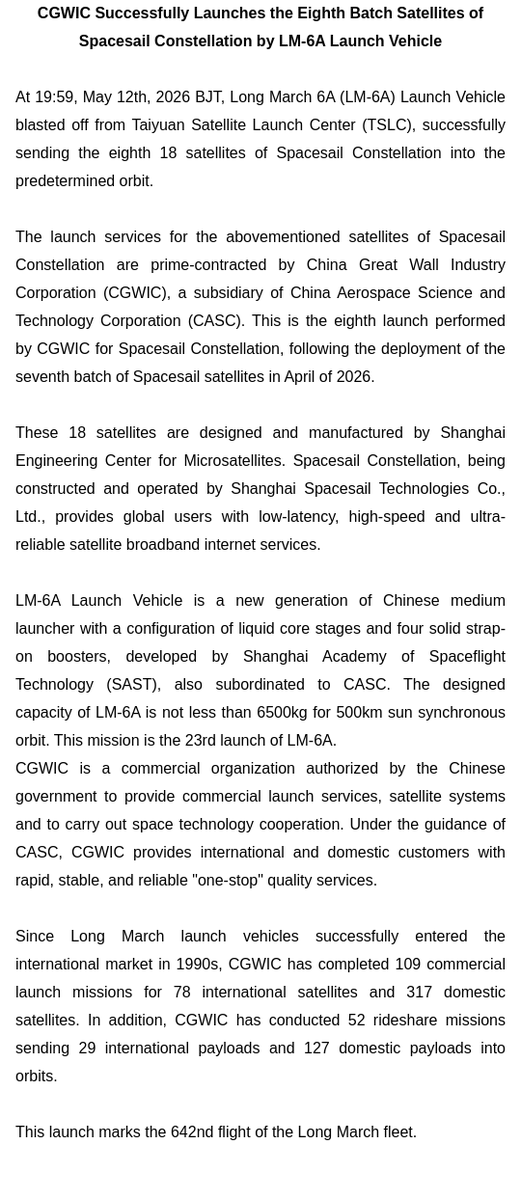 CGWIC's tweet photo. CGWIC Successfully Launches the Eighth Batch Satellites of Spacesail Constellation by LM-6A Launch Vehicle
Footage is sourced from: Spacesail https://t.co/EmLHQo8KON