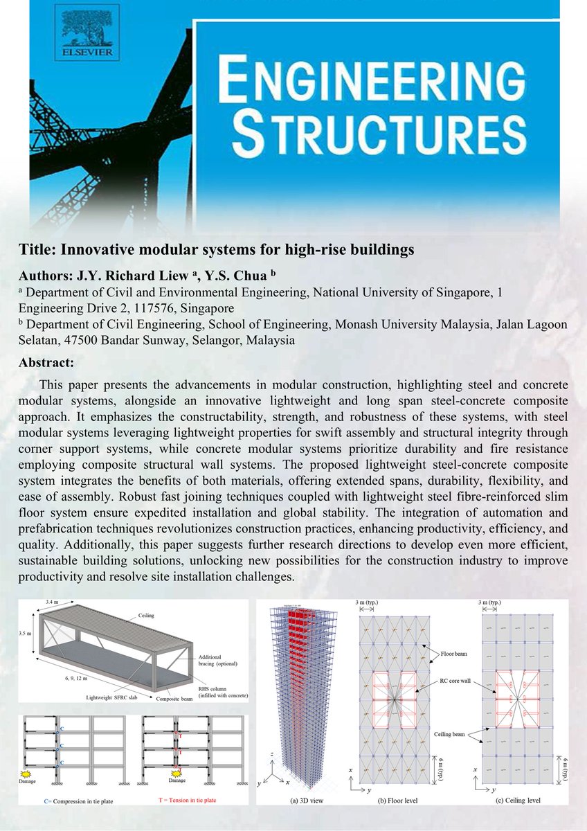 Eng_structures's tweet photo. Best Paper of the Year 2025 
(Novel Structures &amp; Metamaterials)
(Asia/Pacific)

Paper Title: Innovative modular systems for high-rise buildings

Authors: J.Y. Richard Liew, Y.S. Chua

Volume 323A, 15 January 2025, 119270
https://t.co/2hv6mbM1to

#engineeringstructures https://t.co/r7fD3JB8aK