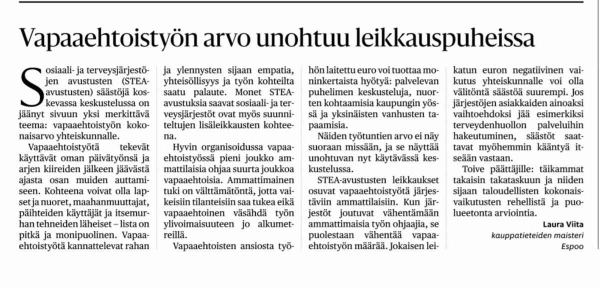 SenioritSomessa's tweet photo. HS:n Mielipide 13.5.2026.
@entersenior tekee työtänsä yli 200 vapaaehtoisen voimin. Heidän työnsä koordinointiin tarvitaan kuitenkin muutama palkattu työntekijä,jotka mahdollistavat tämän arvokkaan toiminnan.
#digituki #seniorit #vapaaehtoistyö https://t.co/q3ACzNr9nn