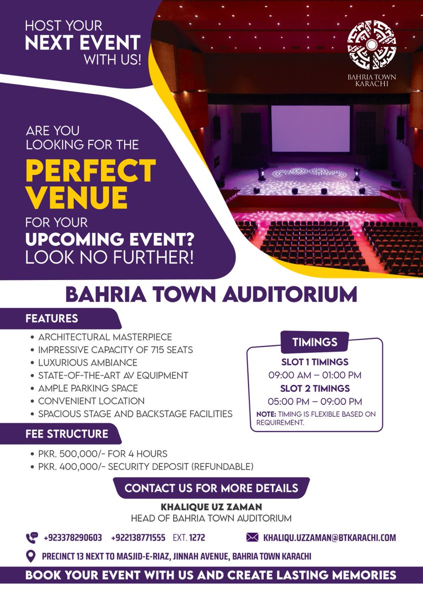 BTKOfficial_1's tweet photo. Host your Event at BTK Auditorium

Slot 1: 09:00 AM to 01:00 PM
Slot 2: 05:00 PM to 10:00 PM

Contact: 0337-8290603, Land Line: +92 21 38771555 Ext 1272 https://t.co/drUEew3EE3