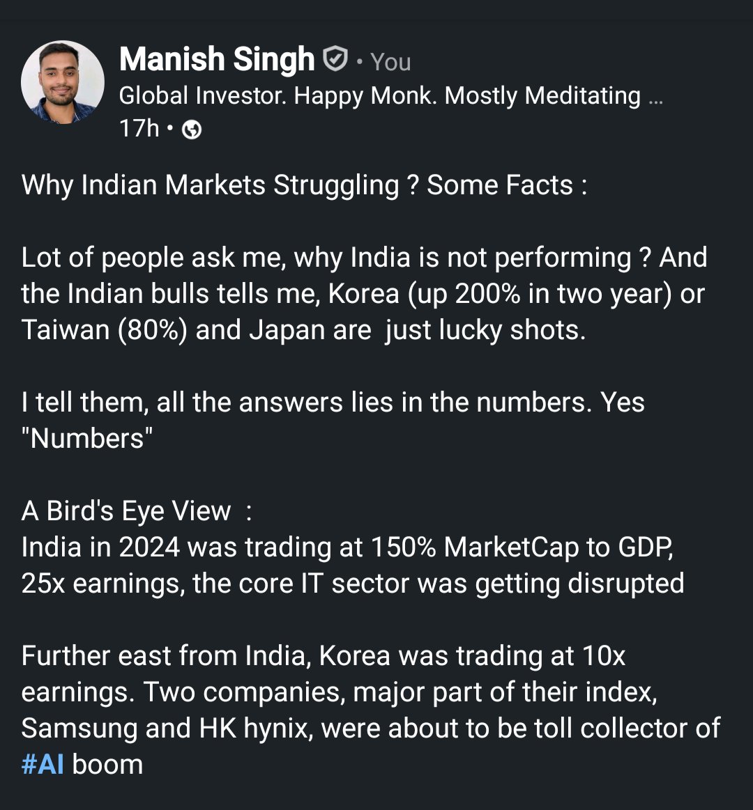 MindofManish's tweet photo. Why Indian Markets Struggling, Some facts: 

Lot of people ask me, why India is not performing ? Indian bulls tell me, Korea (200% in two year), Taiwan (80%) and Japan are  just lucky shots

I tell them, the answer lies in the "Numbers"

Read:
#GlobalInvesting #Globalportfolio https://t.co/XVGRnHlnRe