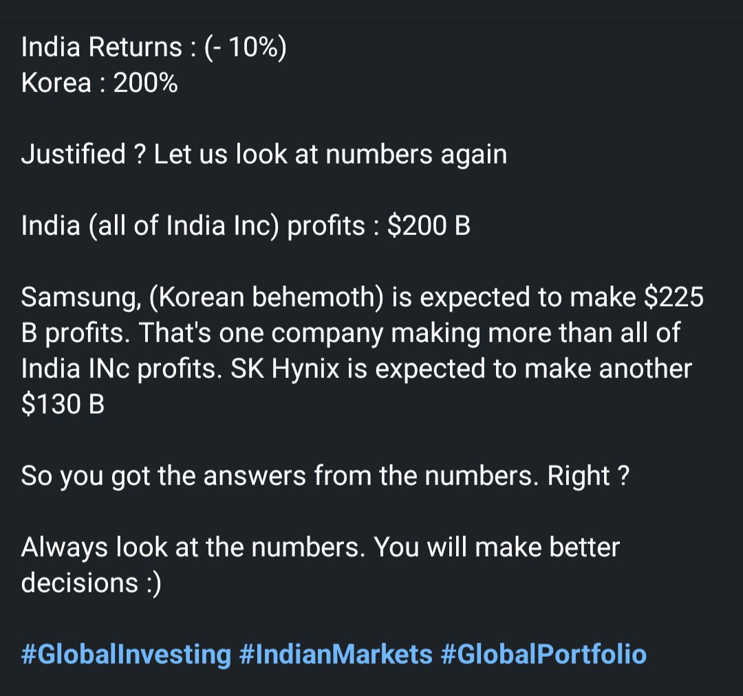 MindofManish's tweet photo. Why Indian Markets Struggling, Some facts: 

Lot of people ask me, why India is not performing ? Indian bulls tell me, Korea (200% in two year), Taiwan (80%) and Japan are  just lucky shots

I tell them, the answer lies in the "Numbers"

Read:
#GlobalInvesting #Globalportfolio https://t.co/XVGRnHlnRe