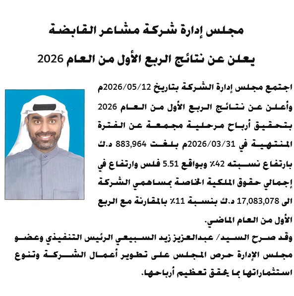 Mashaerholding's tweet photo. الإعلان عن نتائج الربع الأول من العام 2026 بتحقق أرباح 883,964 د.ك بارتفاع نسبته 42% https://t.co/ISYIsx4gG2
