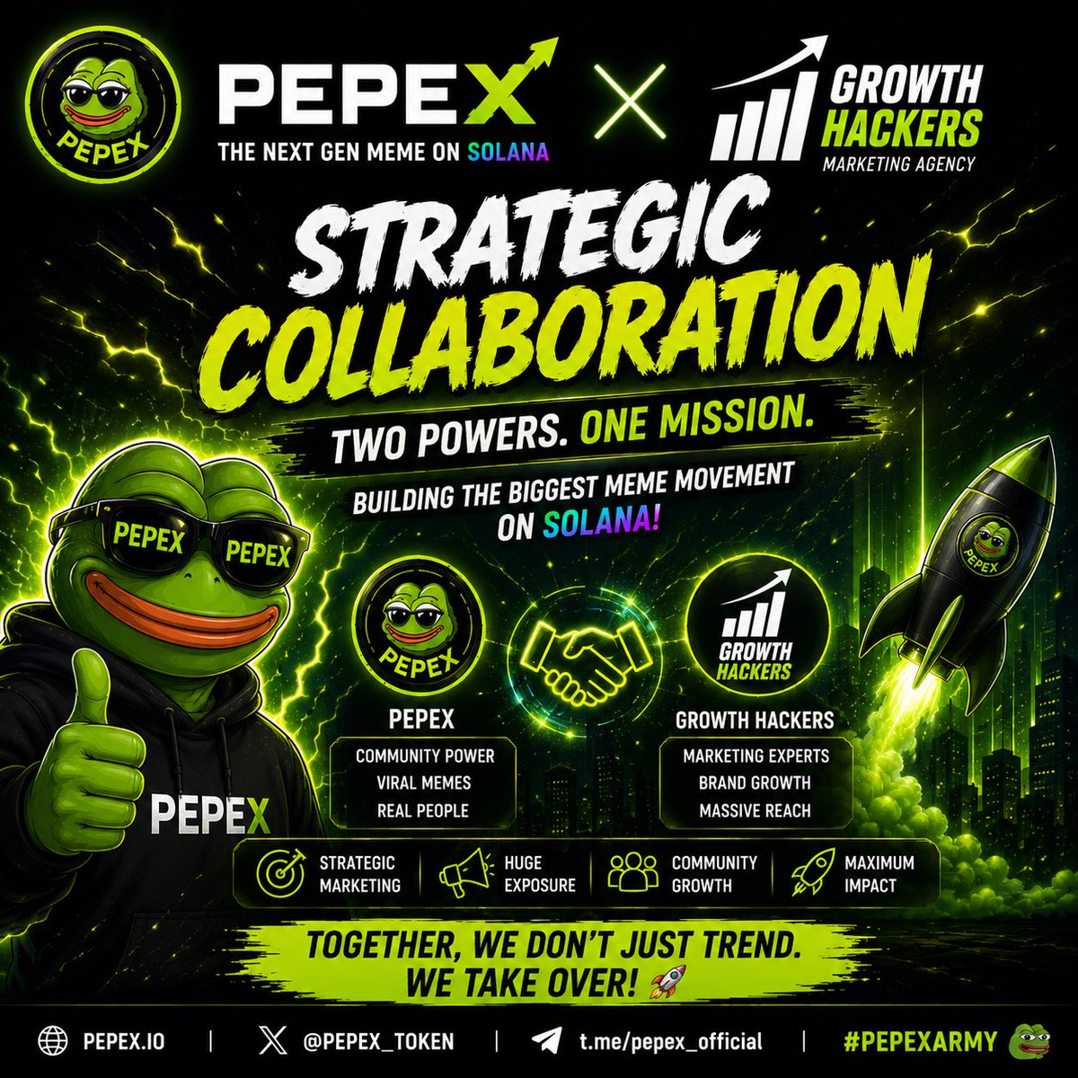 PepeX_onSol's tweet photo. 🚀 STRATEGIC MARKETING COLLABORATION 🤝

Two powers. One mission.
Building the biggest meme movement on Solana. 🐸⚡

PEPEX is growing fast.
The takeover has started. 💚

#PEPEX #Solana #Memecoin #Crypto #PEPEXARMY 🚀 https://t.co/RByNoyK8jN