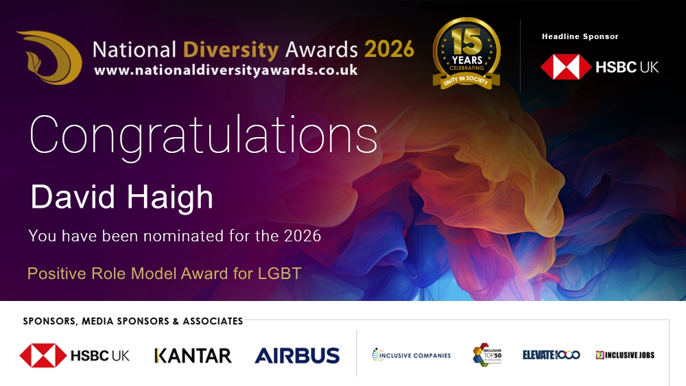 ndawards's tweet photo. Congratulations to David Haigh @haighdavid who has been nominated for the Positive Role Model Award for LGBT at The National Diversity Awards 2026 in association with @HSBC_UK. To vote please visit https://t.co/7icr3pzdIf #NDA26 #Nominate #VotingNowOpen https://t.co/bJb26PObyT
