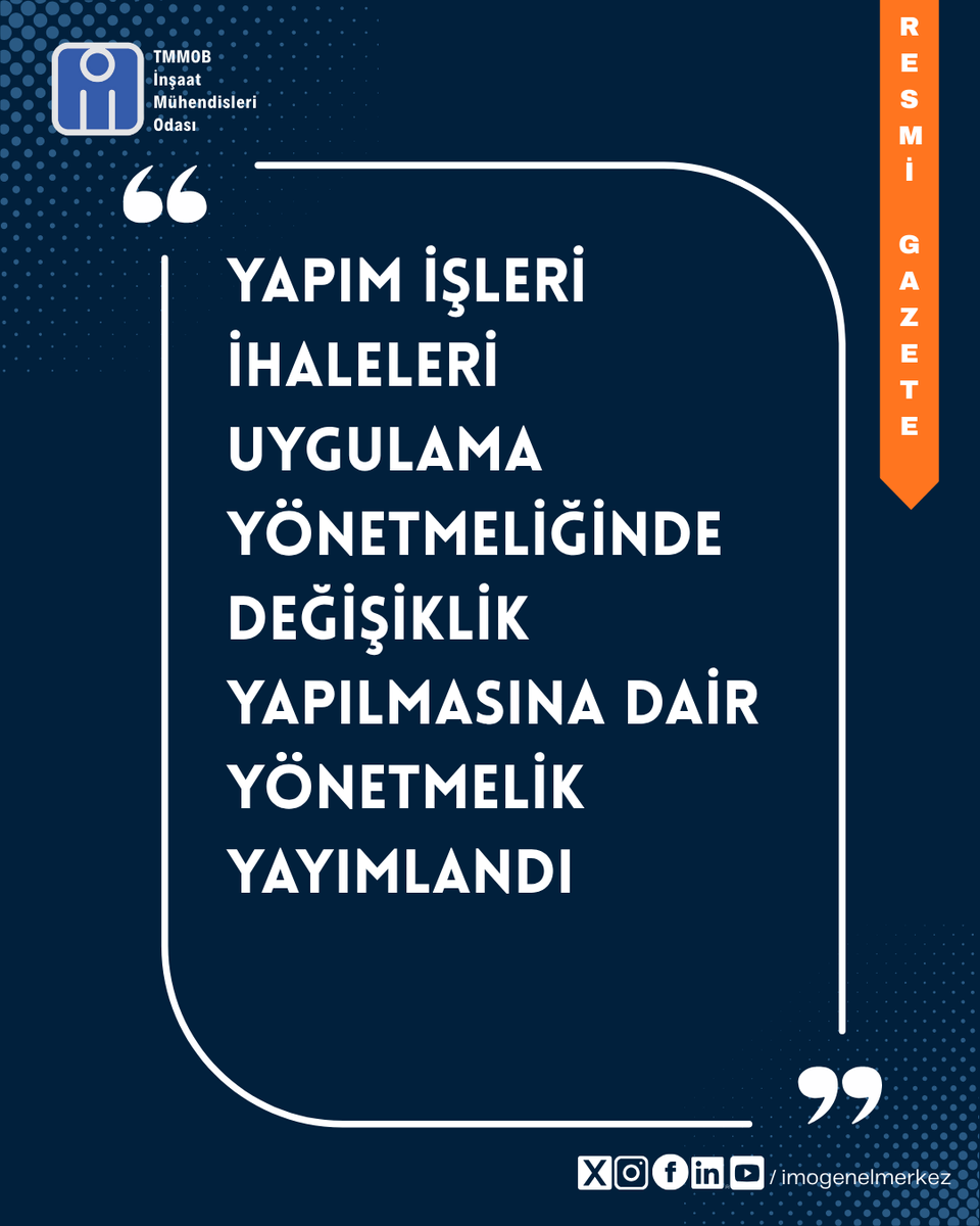 imomerkez's tweet photo. 🔶Yapım İşleri İhaleleri Uygulama Yönetmeliğinde Değişiklik Yapılmasına Dair Yönetmelik Yayımlandı

📍Kamu İhale Kurumundan Yapım İşleri İhaleleri Uygulama Yönetmeliğinde Değişiklik Yapılmasına Dair Yönetmelik, 13 Mayıs 2026 tarihinde Resmî Gazete’de yayımlandı.

🔸13 Mayıs 2026 tarihli Yapım İşleri İhaleleri Uygulama Yönetmeliği değişikliğiyle birlikte, belge düzenleme koşulları ve iş deneyim tutarı tespitinde yer alan keşif bedeli hesaplamalarına "sözleşme yılı" ifadesinin yanına "/ayı" ibaresi eklenerek aylık birim fiyatların da hesaplamalara dahil edilebilmesinin önü açılmıştır.

🔗Haberin devamı 👇
https://t.co/ccWIC8J62V
