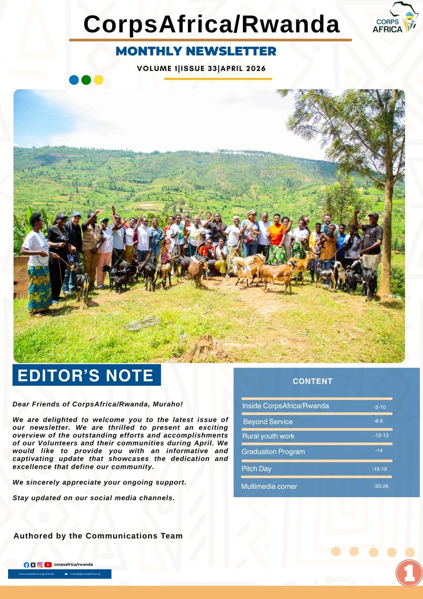 CorpsAfricaRda's tweet photo. ๐ข CorpsAfrica/Rwanda Friends, Muraho!
Catch up on our Volunteers' incredible work in April!
Read the 33rd edition of our newsletter here ๐ https://t.co/qien74KBL8
#ThisIsCorpsAfrica
#Newsletter
#Edition33 https://t.co/6dm1YV6loU