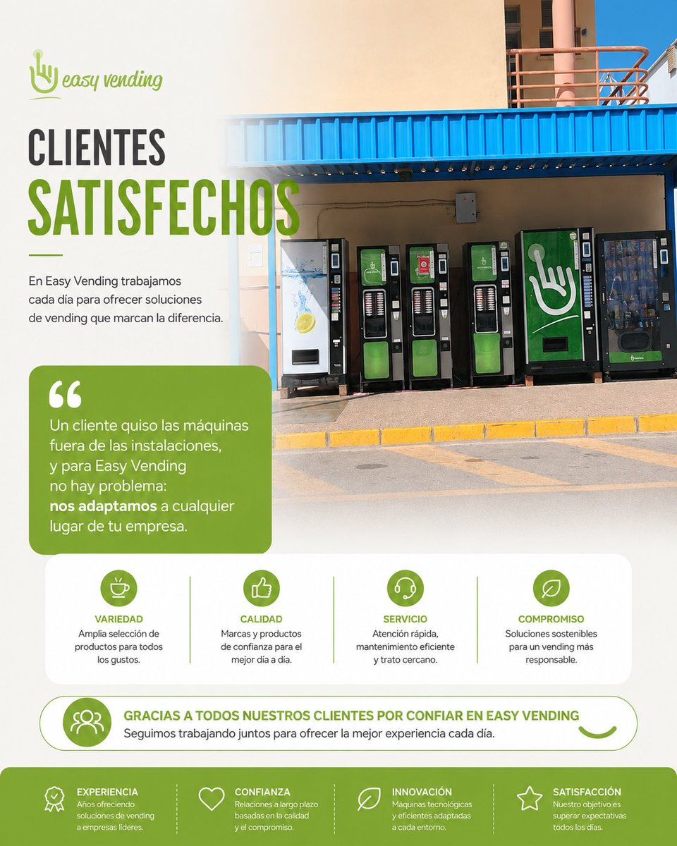 easy_vending's tweet photo. En Easy Vending nos adaptamos a cualquier espacio de tu empresa 💚
¿Máquinas fuera de las instalaciones?
Sin problema.
Flexibilidad, calidad y soluciones a medida para cada cliente.
#EasyVending #Vending #Empresas https://t.co/5IFgGHcbr5