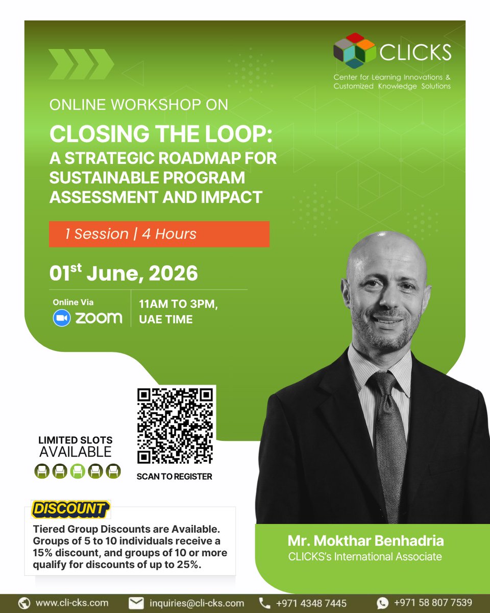 CLI_CKS's tweet photo. 🚀 Elevate Your Program Assessment Strategy!
Join our exclusive online workshop:

Closing the Loop: A Strategic Roadmap for Sustainable Program Assessment and Impact.

📅 Date: 1st June 2026
 ⏰ Time: 11:00 AM – 3:00 PM (UAE Time) https://t.co/Em9l4sgzZC