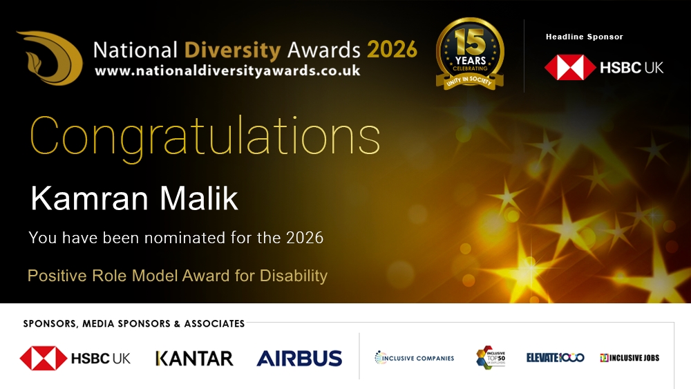 ndawards's tweet photo. Congratulations to Kamran Malik  @kamranMallick who has been nominated for the Positive Role Model Award for Disability at The National Diversity Awards 2026 in association with @HSBC_UK. To vote please visit https://t.co/7icr3pzdIf #NDA26 #Nominate #VotingNowOpen https://t.co/ecj6Le7LzQ