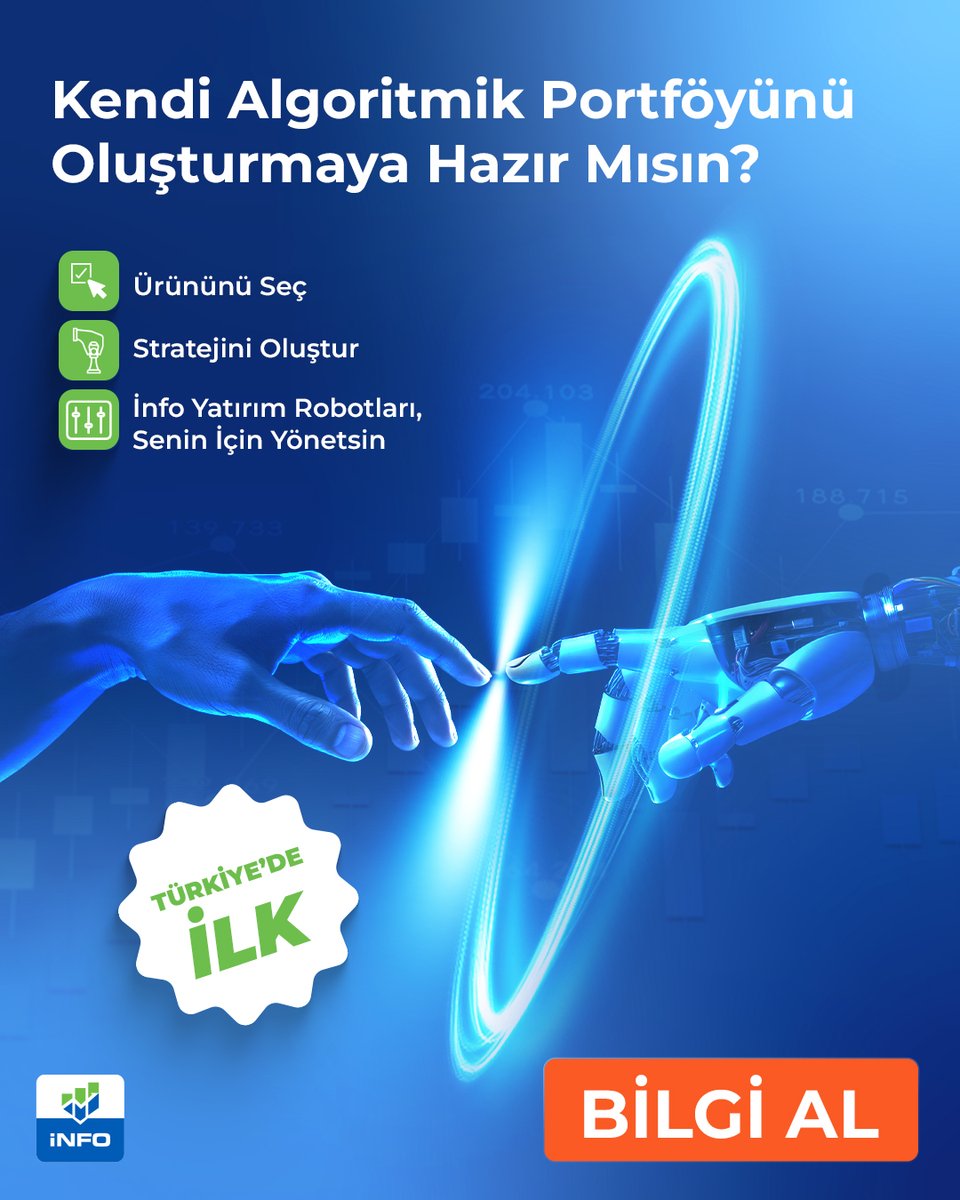 infoyatirim's tweet photo. Türkiye'de Bir İlk: Kişiye Özel Algoritmik Portföy Yönetimi İnfo Yatırım’da. 🤖🚀

Ürününü seç, stratejini oluştur, İnfo Yatırım robotları senin için yönetsin. 

👉Detaylı bilgi için: https://t.co/i2EekEJkuj https://t.co/z4Cv0OMuUz
