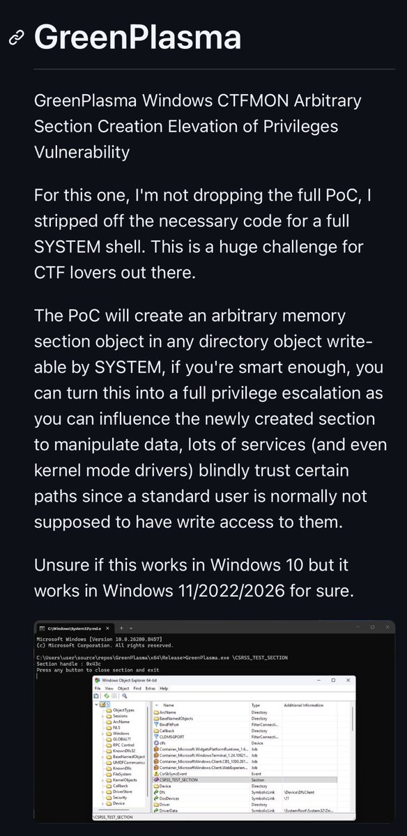 GreenPlasma Windows CTFMON Arbitrary Section Creation Elevation of
