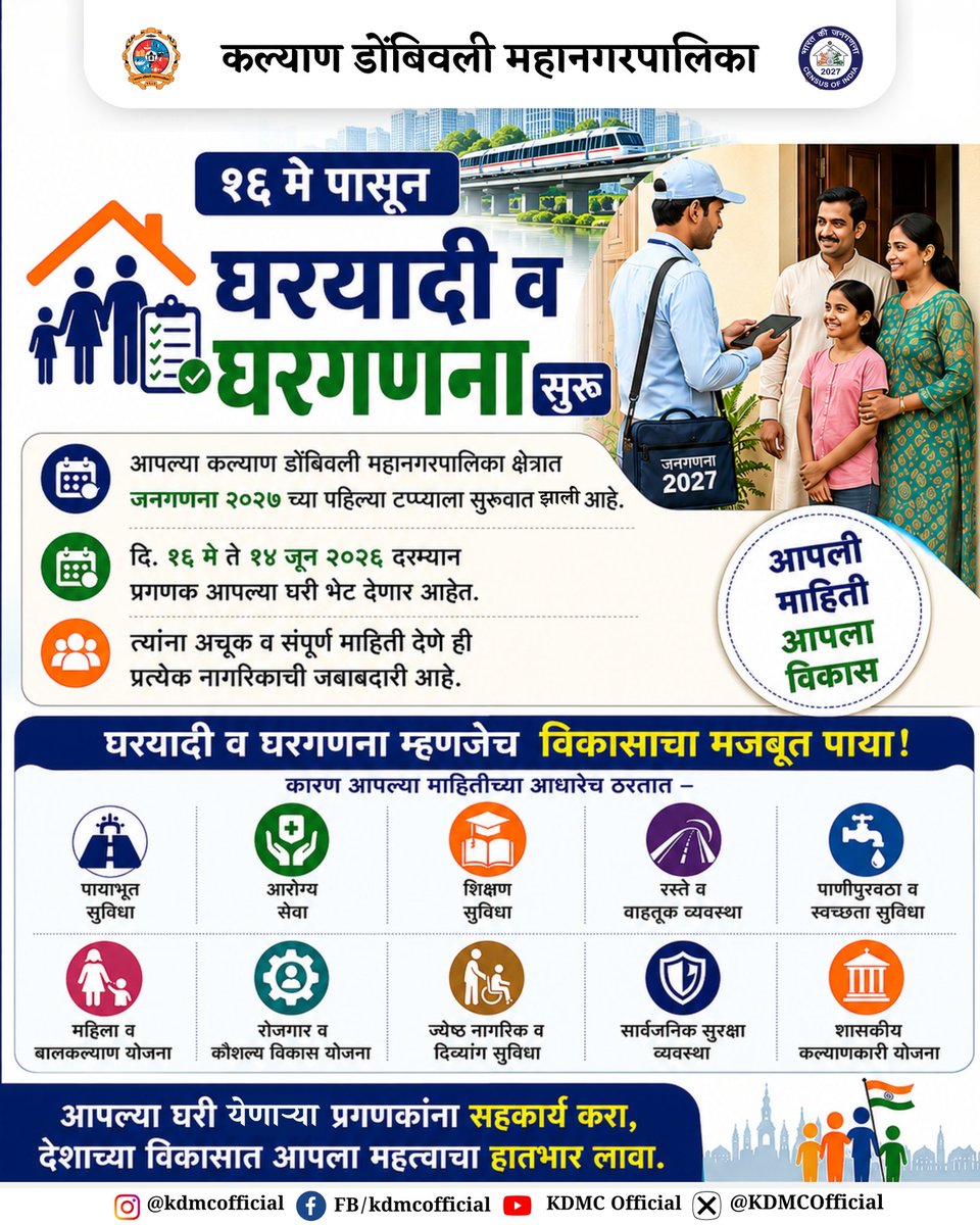 KDMCOfficial's tweet photo. १६ मे पासून घरयादी व घरगणना सुरू.
#census #kdmc #kdmcupdates https://t.co/5uJiE3llCN