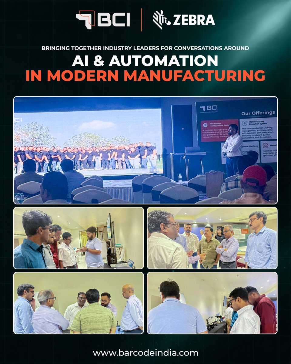BarCodeIndialtd's tweet photo. AI is transforming manufacturing with real-time visibility, intelligent automation &amp; smarter operations. Great insights at SIDCUL with @ZebraTechnology 

#AIinManufacturing #SmartManufacturing #Automation #Industry40 #AI https://t.co/Ysg79w7mFp