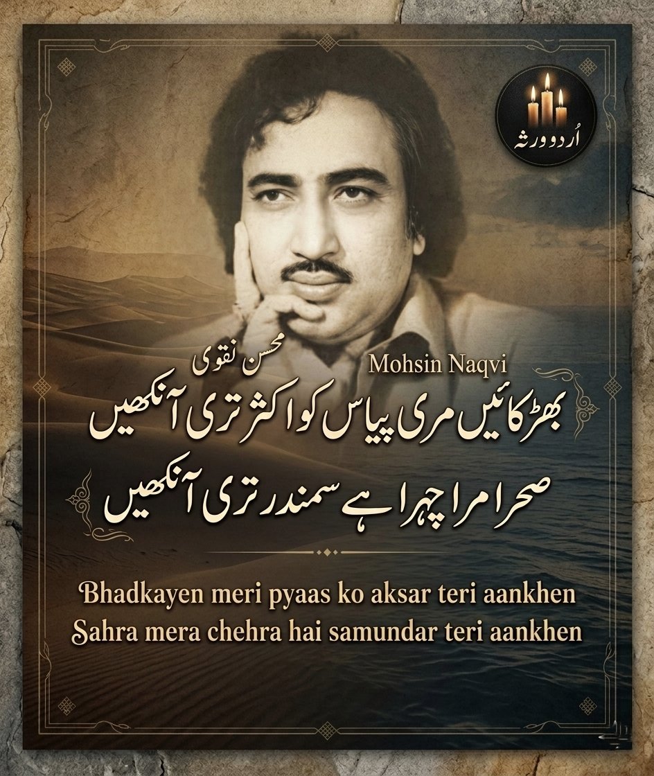 UrduVirsa's tweet photo. بھڑکائیں  مری  پیاس  کو  اکثر  تری آنکھیں
صحرا  مرا   چہرا   ہے   سمندر  تری  آنکھیں

پھر   کون   بھلا   داد   تبسم   انہیں  دے  گا
روئیں گی بہت مجھ سے بچھڑ کر تری آنکھیں

خالی   جو   ہوئی  شام  غریباں کی  ہتھیلی
کیا  کیا  نہ  لٹاتی  رہیں  گوہر  تیری آنکھیں

بوجھل  نظر  آتی  ہیں   بظاہر   مجھے   لیکن
کھلتی ہیں بہت دل میں اتر کر تری آنکھیں

اب  تک  مری  یادوں  سے  مٹائے نہیں مٹتا
بھیگی ہوئی اک شام کا منظر تری آنکھیں

ممکن ہو تو اک تازہ غزل اور بھی کہہ لوں
پھر اوڑھ نہ لیں خواب کی چادر تری آنکھیں

میں سنگ صفت ایک ہی رستے میں کھڑا ہوں
شاید مجھے دیکھیں گی پلٹ کر تری آنکھیں

یوں  دیکھتے  رہنا  اسے  اچھا  نہیں محسنؔ
وہ  کانچ  کا  پیکر  ہے  تو  پتھر  تری آنکھیں

                                         محسن نقوی
