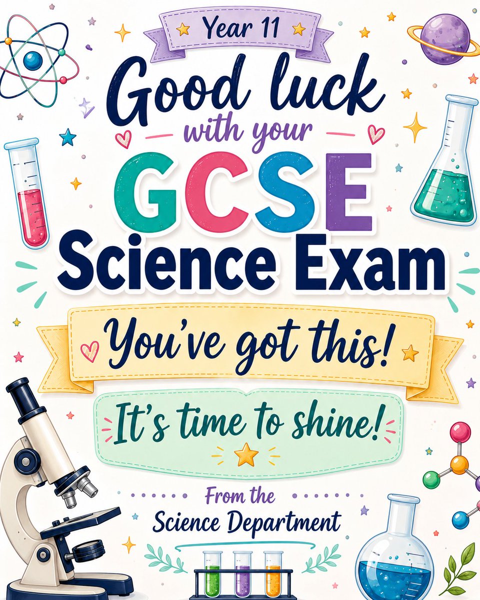 Levenshulmehigh's tweet photo. Year 11, you have been amazing - working hard, attending Science Masterclasses, joining Teams revision the night before the exam...
There has been fantastic evidence of revision and commitment. Youβve got this, Year 11!
Good luck from the Science Department
#GCSEScience https://t.co/uZXegdGqii