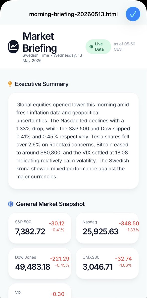 MaximusLXVI's tweet photo. @elonmusk This is really huge 🙏

My own personalized daily market brief. And it ends up like this because I asked for hrml format😎 https://t.co/EucUtUwDlt