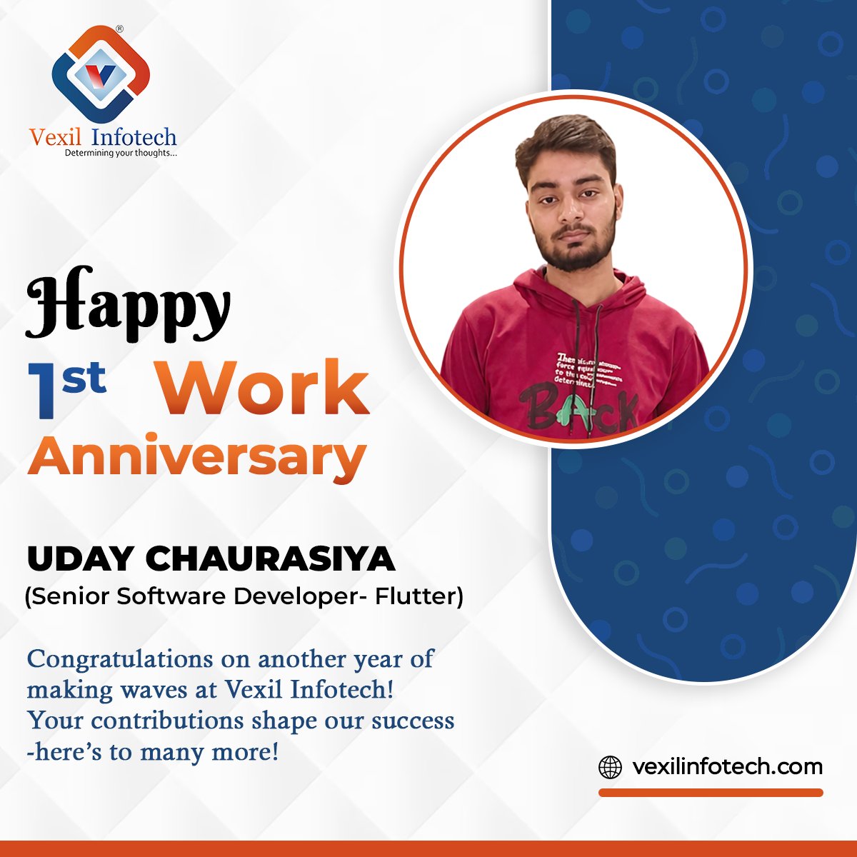 vexil_infotech's tweet photo. Happy 1st Work Anniversary to Mr. Uday at Vexil Infotech.    

Wishing you continued growth, success, and many more achievements ahead. 
.
.
.
#vexilinfotech #workanniversary #flutterdeveloper #softwaredeveloper #teamvexil https://t.co/F6TLYEhkol