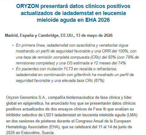 JCPF_Carlos's tweet photo. 📌🟢#ORYZONGENOMICS #ORYZON #ORY 

📌✅ORYZON presentará datos clínicos positivos actualizados de iadademstat en leucemia mieloide aguda en EHA 2026; European Hematology Association (EHA), que se celebrará del 11 al 14 de junio de 2026 en Estocolmo, Suecia.