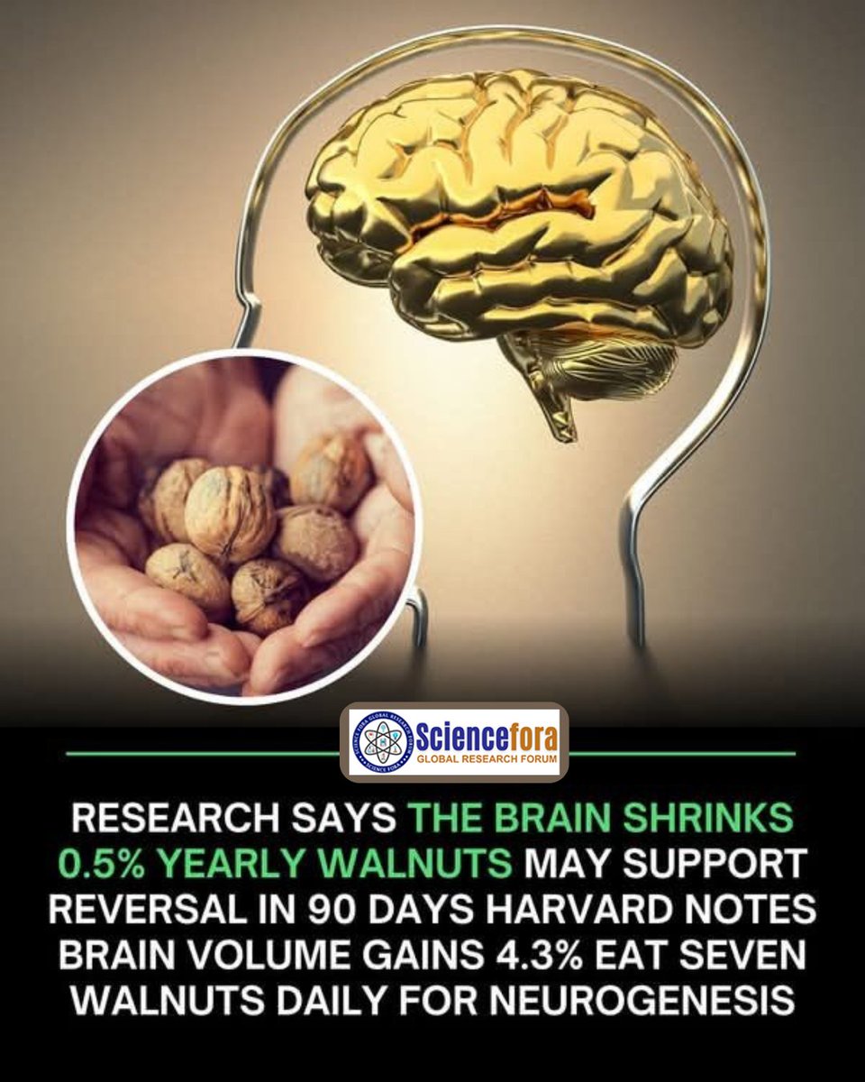 science_fora's tweet photo. Researchers suggest that the brain may shrink by nearly 0.5% annually with age-related cognitive decline. Recent findings indicate that walnuts, rich in omega-3 fatty acids,  may help support brain health 
#Sciencefora #BrainHealth #Neurogenesis #Walnuts #HealthyMind https://t.co/PyXKesXzkL