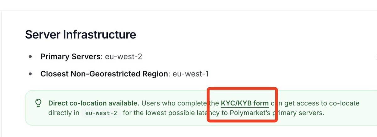 wuli238's tweet photo. Polymarket 刚刚开放 KYC/KYB 表单申请，填完就能获得同机房 co-location 低延迟接入资格，直接连上 eu-west-2 主服务器，实现最低延迟！

对做市、高频交易、刷量选手来说是重大利好，但“去中心化预测市场”又往中心化方向迈了一大步……

真正决定你交易速度的，
已经不是链上能力，
而是你能不能提供一份“合规”的海外水电账单。