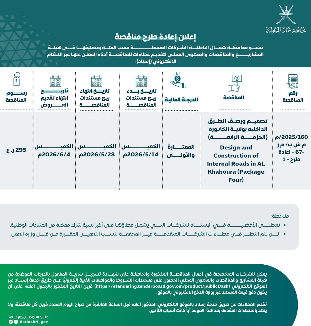 BatinahN_gov's tweet photo. #إعلان_إعادة_طرح_مناقصة

تعلن محافظة #شمال_الباطنة عن إعادة طرح مناقصة "تصميم ورصف الطرق الداخلية بولاية الخابورة (الحزمة الرابعة)"، وذلك عبر نظام إسناد الإلكتروني.

#التفاصيل https://t.co/9nld6MEUCD