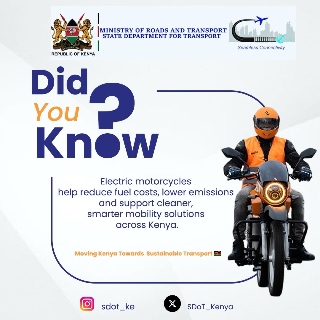 SDoT_Kenya's tweet photo. The adoption of electric motorcycles supports the Government’s agenda on clean transport by reducing emissions, lowering fuel dependency and advancing affordable mobility for wananchi.

#electricmobility #transportKE https://t.co/DNy7fpyljy