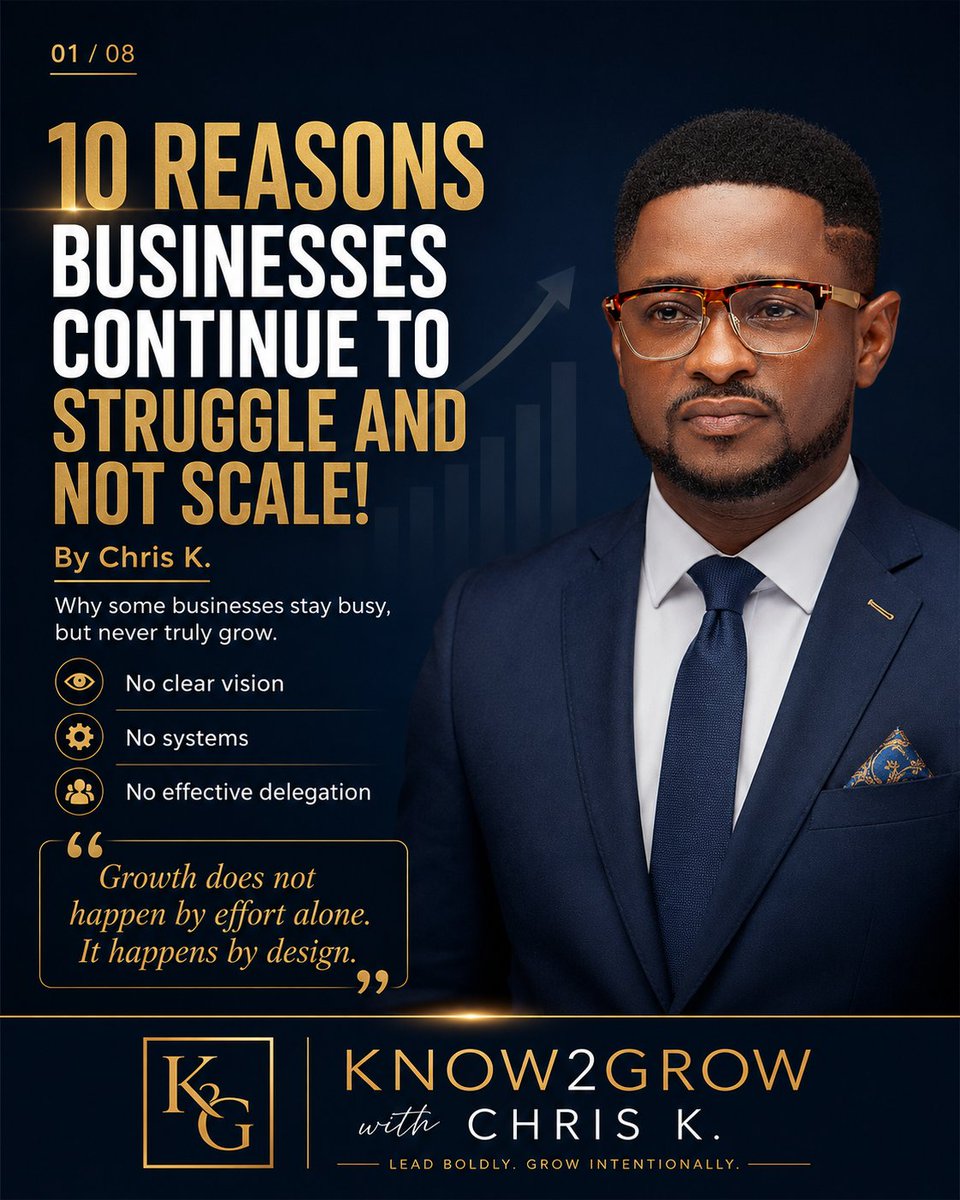 chrisktivity's tweet photo. KNOW2GROW 
with CHRIS K. 

Episode 3: 10 Reasons Businesses Continue to Struggle and Not Scale!

Story/Case Study:

Imagine this: A business that’s constantly stuck in the “hustle mode.” The owner is working around the clock, putting out fires, juggling too many tasks, and watching their competitors scale while they struggle to make any significant progress.

Why? Because this business is facing a series of barriers that prevent it from scaling, no matter how hard they try.

In this article, I will share the 10 key reasons many businesses continue to struggle and never make it to the scale stage. Understanding these reasons can help you identify where your business might be falling short—and how to overcome these obstacles to achieve long-term, sustainable growth.

Insights:

Reason #1: Lack of Clear Vision

Businesses without a clear vision tend to flounder. Without a defined direction, business owners and teams can’t align their efforts, leading to wasted time and energy.

Reason #2: Inconsistent Marketing Efforts

Struggling businesses often jump from one marketing tactic to the next without any cohesive strategy. This inconsistency leads to unpredictable results and missed opportunities.

Reason #3: Poor Financial Management

Cash flow issues, poor budgeting, and not knowing how to track financial performance can be deadly for a growing business. Lack of financial discipline often leads to operational chaos and missed opportunities for growth.

Reason #4: Over-Reliance on the Founder

When the founder is involved in every decision, every task, and every operational detail, the business can’t scale beyond the founder’s capacity. This often leads to burnout and limits the ability to grow.

Reason #5: Not Enough Systems and Processes

Survival-mode businesses often rely on hustle and human effort to get things done. But businesses that scale rely on systems and processes that reduce randomness and create operational repeatability.

Reason #6: Poor Team Dynamics and Culture

Without the right culture and a team aligned with the mission, a business struggles. Poor communication, lack of accountability, and low morale prevent teams from being productive and contributing to growth.

Reason #7: Lack of Effective Delegation

The inability to delegate is one of the biggest blockers of scaling. Founders and leaders who refuse to trust their teams with important tasks end up stuck doing everything themselves, leading to burnout and missed opportunities.

Reason #8: Not Focusing on Customer Experience

Businesses that don’t prioritize customer satisfaction and loyalty often fail to scale. Poor customer experience results in high churn rates, negative reviews, and a bad reputation that makes growth difficult.

Reason #9: Ignoring Data and Analytics

Struggling businesses don’t track key metrics and data, which prevents them from making informed decisions. Without understanding what’s working and what’s not, it’s impossible to make strategic moves to scale.

Reason #10: Fear of Change

Finally, many businesses fail to scale because they are afraid to change. Whether it’s adopting new technology, shifting business models, or adapting to market trends, fear of change limits a business’s ability to innovate and grow.

Key Explanation:

For many entrepreneurs, growing a business seems like an uphill battle. They try new strategies, work longer hours, and push themselves harder. But if they haven’t addressed the core issues holding their business back, all the effort in the world won’t lead to real growth.

The root of the problem often lies in foundational areas such as vision, systems, delegation, and financial management. When these areas are ignored or poorly executed, businesses remain stuck in the survival stage, constantly fighting fires and unable to scale.

The key to breaking free from this struggle is understanding where your business is falling short and taking decisive action to address these areas.
