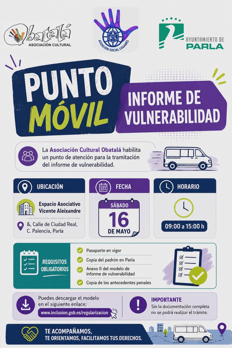 ObatalaCoslada's tweet photo. 🔴📣 ¡¡El próximo sábado 1⃣6⃣ de mayo estaremos en #Parla para la tramitación del informe de vulnerabilidad‼️  

📍 En el Espacio Asociativo Vicente Aleixandre, C/ Calle Ciudad Real esq. C/ Palencia. 
⌚ De 9:00 a 15:00 hs.  

👉🏼 Organiza la Mesa de Convivencia de #Parla. https://t.co/NRl2RxtwyH