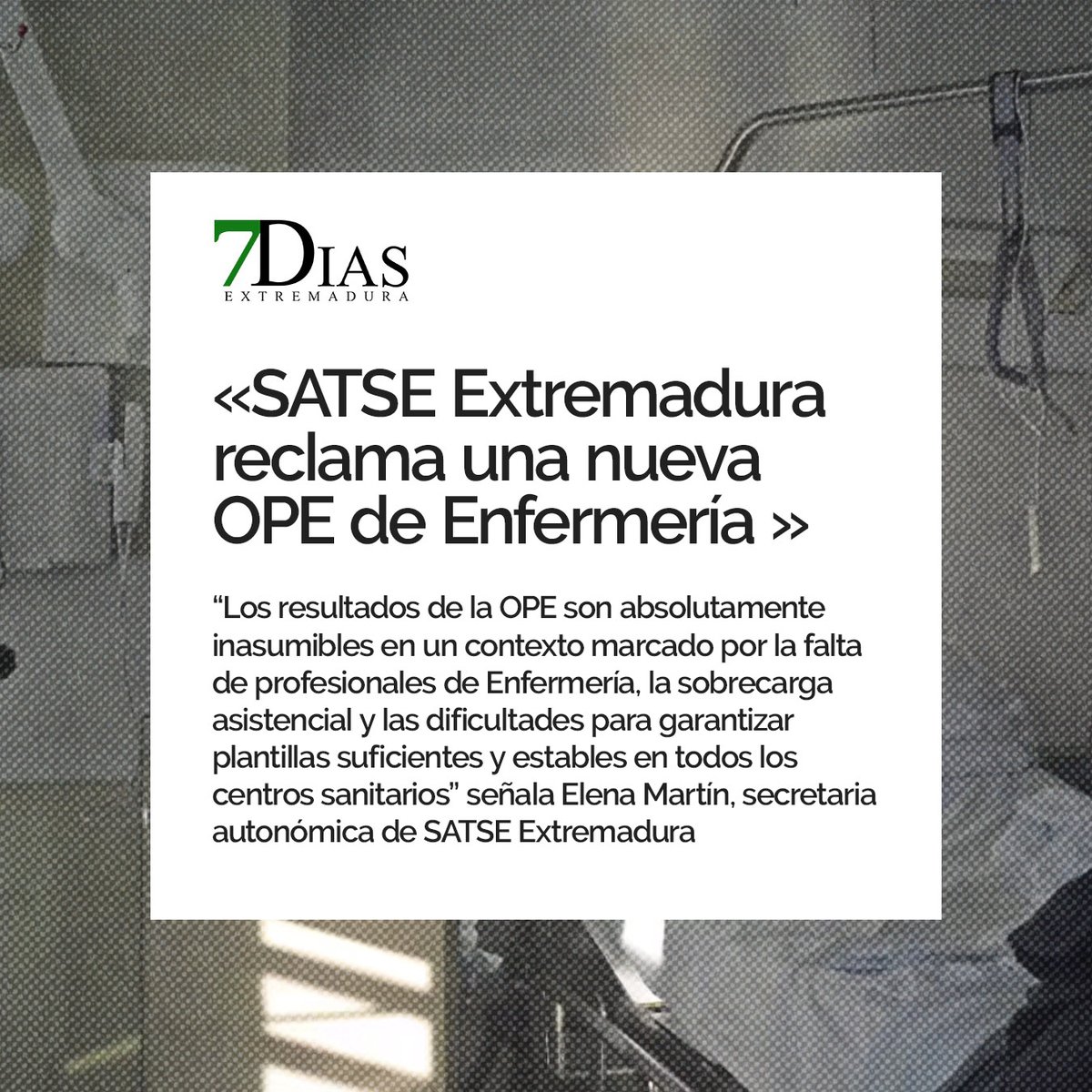 🟢SATSE Extremadura reclama una nueva #OPE de #enfermería tras el fracaso de la última convocatoria

🔗Nota de prensa completa en la página de SATSE:
extremadura.satse.es/notas-prensa/-…

✅Publicado en 
<a href="/Extremadura7D/">Extremadura 7 Días</a>
 extremadura7dias.com/noticia/satse-…