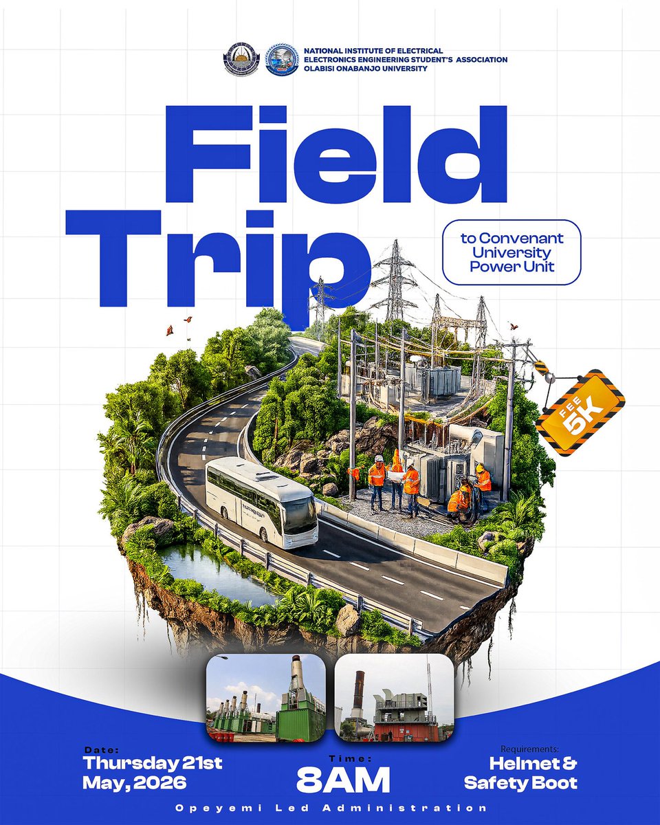 NIEEESAOOU's tweet photo. Ready to see real-world engineering in action? 

We are taking our learning beyond the four walls of the classroom! Join NIEEESA OOU on an exclusive industrial field trip to the Canaanland Power Unit at Covenant University. 
#covenant https://t.co/JjRdTrRO6I