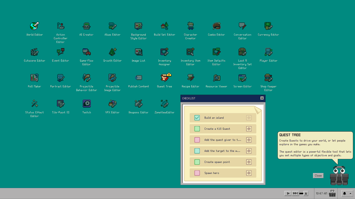 SpringloadedDev's tweet photo. We built a fake operating system within Let's Build a Dungeon to house all our custom game making tools. #ScreenshotSaturday https://t.co/E1bhHoj3sP