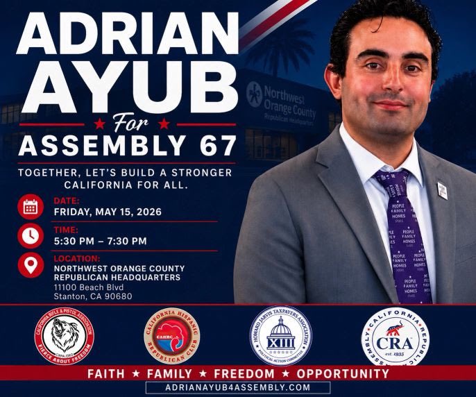 adrianoayub's tweet photo. Come say hello, share your thoughts, and let’s talk about building a stronger California for all.
Date: Friday, May 15, 2026
Time: 5:30 PM – 7:30 PM
Location: 11100 Beach Blvd, Stanton, CA 90680
RSVP here 👇
https://t.co/q1Q9w3iaQ1
#AdrianAyub #CA67 #OrangeCounty https://t.co/A0jKuQWzTP