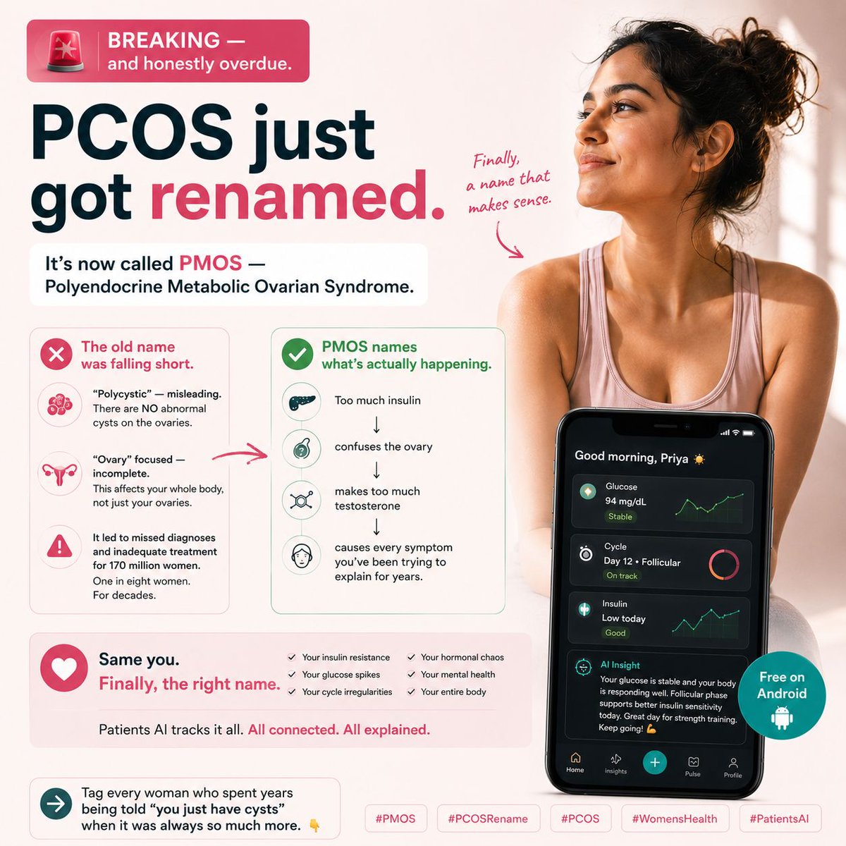 thedoctorsai's tweet photo. For years, women were told PCOS was “just cysts.”

Except it was never just cysts.

It was:
📈 Insulin resistance
⚡ Hormonal chaos
😴 Fatigue
🩸 Irregular cycles
🧠 Mood swings
⚖️ Metabolic dysfunction

All in one place.
All explained like it should’ve been from the start. https://t.co/ZR6dXTbQLq