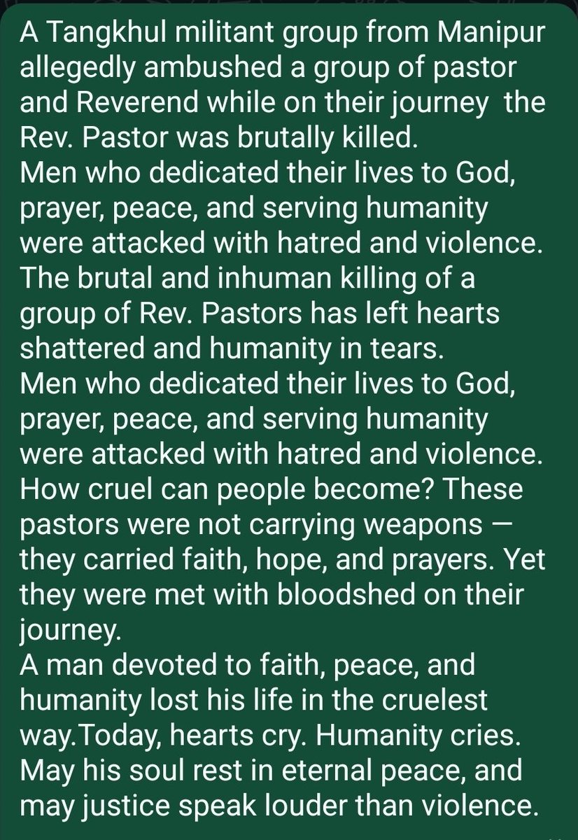 SamuelKuki73618's tweet photo. #Tangkhul militants brutally ambushed and killed a group of kuki Reverends and pastors.
@actorvijay
@dhruv_rathee @thewire_in @adgpi @rashtrapatibhvn @crpfindia @RahulGandhi @ravishndtv @themojostory @newslaundry @thewire_in @IndiaToday @IndiaTodayNE https://t.co/tlHmr2VJ7M