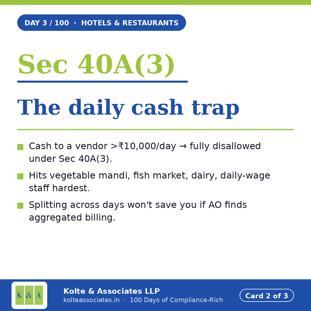 kolte_rohit's tweet photo. 2️⃣ Sec 40A(3) — the daily cash trap.

Cash to vendor >₹10,000/day → fully disallowed.

Vegetable mandi, fish market, daily-wage staff — all of them.

A ₹15,000 cash voucher = ₹15,000 added to taxable income. Splitting across days won't save you if same vendor. https://t.co/3nMzEQZz0F