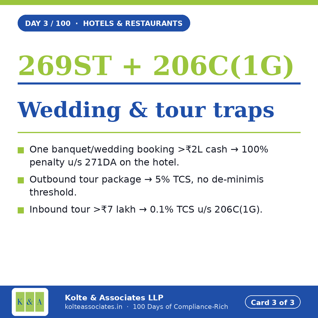 kolte_rohit's tweet photo. 3️⃣ Sec 269ST + 206C(1G) — wedding &amp; tour traps.

One banquet booking >₹2L cash → 100% penalty on you.

Outbound tour package? 5% TCS on every value, no de-minimis.

https://t.co/RmAMTFiWxx

— @kolte_rohit https://t.co/OL7r9o4Qzr