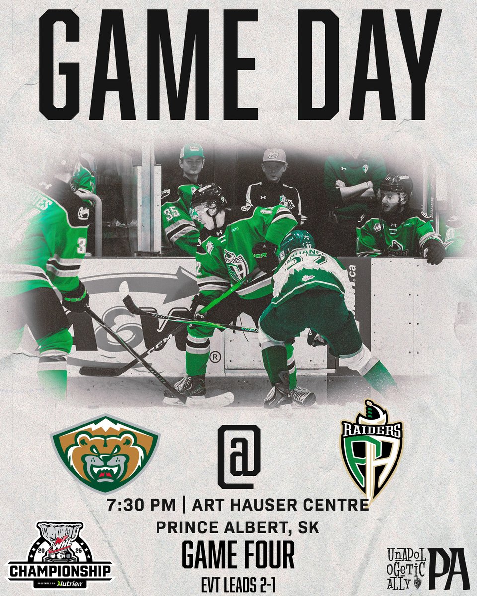 PARaidersHockey's tweet photo. GAME DAY! It's game four of the WHL Championship Series Presented by Nutrien! We look to even the series tonight, puck drops at 7:30.
#WHLChampionship #FeedingTheFuture #LetsGoRaiders
https://t.co/7kIDx5fHsq https://t.co/zLGtUQyO1Y