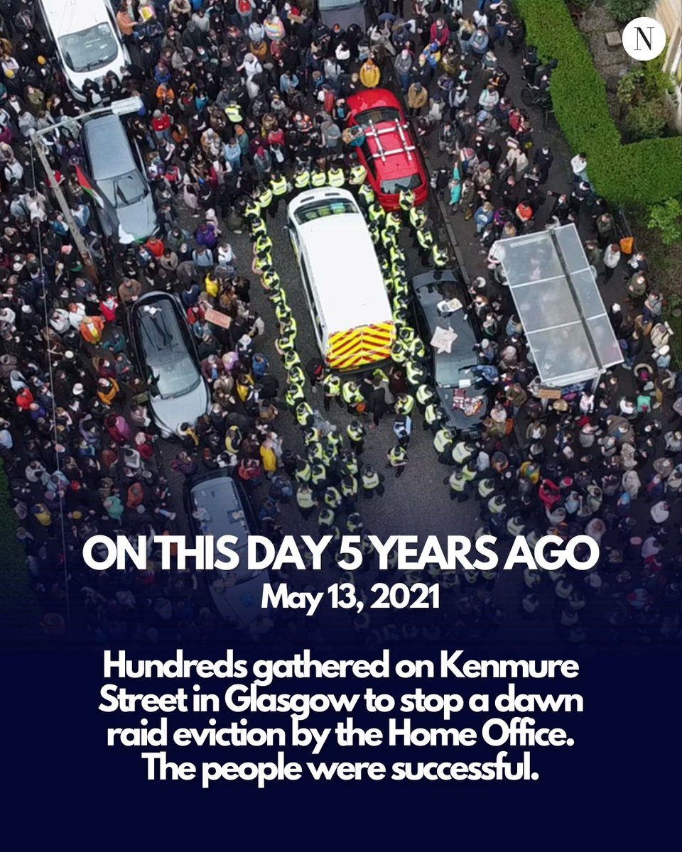 ScotNational's tweet photo. Glasgow, five years ago today 📍

On May 13 2021, hundreds of people gathered in Kenmure Street in the Pollokshields area of Glasgow to prevent two of their neighbours being detained by the Home Office in a dawn raid eviction https://t.co/R7xTW1cuMV