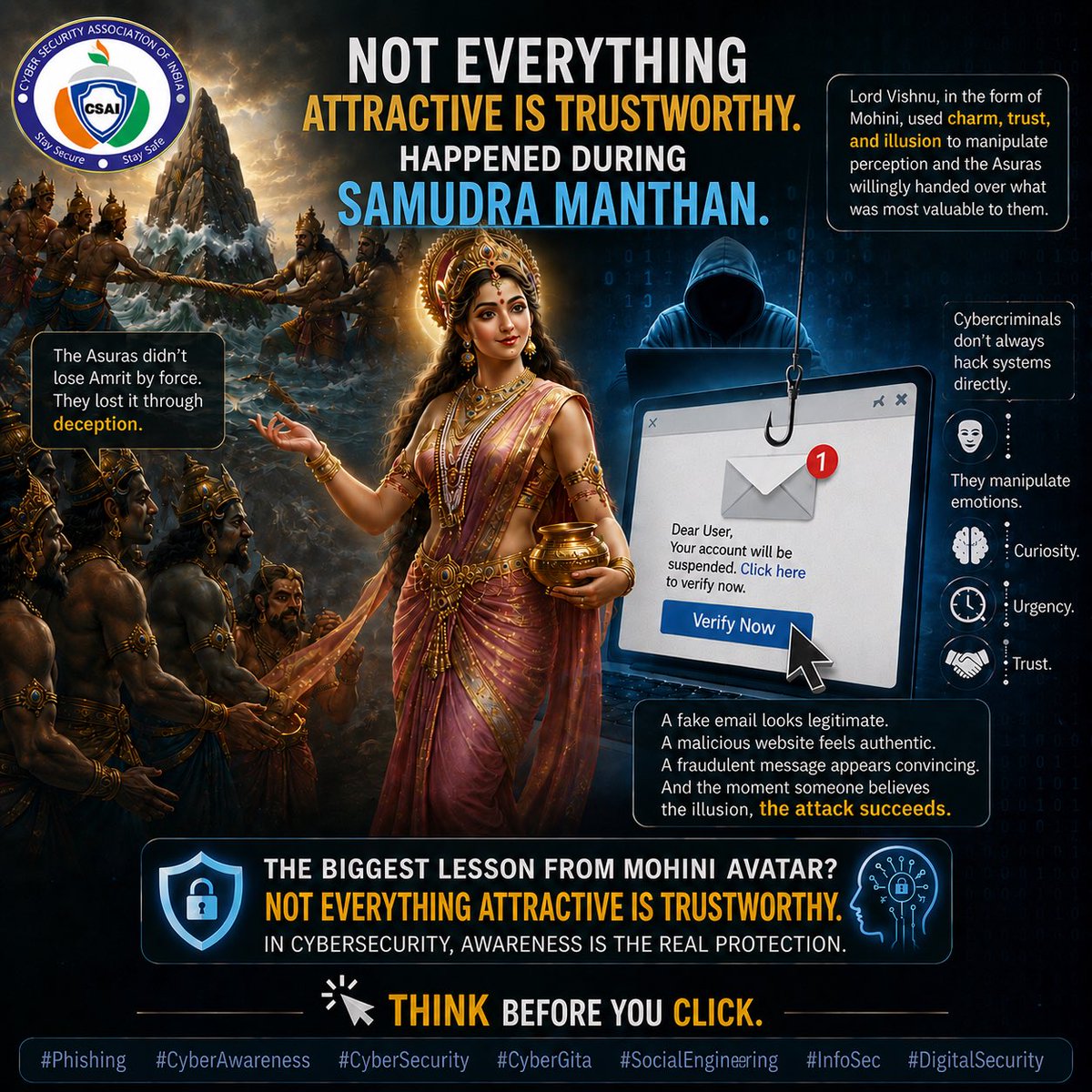 NATIONALTELECOM's tweet photo. 𝐓𝐡𝐞 𝐅𝐢𝐫𝐬𝐭 𝐏𝐡𝐢𝐬𝐡𝐢𝐧𝐠 𝐀𝐭𝐭𝐚𝐜𝐤 𝐇𝐚𝐩𝐩𝐞𝐧𝐞𝐝 𝐃𝐮𝐫𝐢𝐧𝐠 𝐒𝐚𝐦𝐮𝐝𝐫𝐚 𝐌𝐚𝐧𝐭𝐡𝐚𝐧 🌊 

The Asuras didn’t lose Amrit by force.  
They lost it through deception.  

Lord Vishnu, in the form of Mohini, used charm, trust, and illusion to manipulate perception and the Asuras willingly handed over what was most valuable to them.  

That is exactly how phishing works today.  

Cybercriminals don’t always hack systems directly.  
They manipulate emotions.  
Curiosity.  
Urgency.  
Trust.  

A fake email looks legitimate.  
A malicious website feels authentic.  
A fraudulent message appears convincing.  

And the moment someone believes the illusion, the attack succeeds.  

The biggest lesson from Mohini Avatar?  
Not everything attractive is trustworthy.  
In cybersecurity, awareness is the real protection.  

Think before you click.  

#Phishing #CyberAwareness #CyberSecurity #CyberGita #SocialEngineering #InfoSec #DigitalSecurity